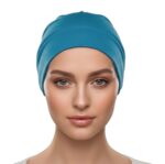 Flat lay of deep-sky-blue premium soft stretch knitted cotton under scarf cap by SCARF 'N' SHAWLS measuring 24.5 cm x 22 cm