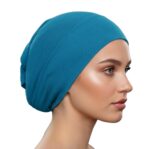 Flat lay of dodger-blue premium soft stretch knitted cotton under scarf cap by SCARF 'N' SHAWLS measuring 24.5 cm x 22 cm