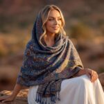 Model wearing a deep teal and antique gold jacquard pashmina shawl styled as a head wrap and shoulder drape in a sunset desert setting.
