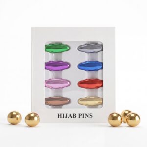 Pack of 8 snag-free hijab safety clips in [Colour Name] displayed in a white window box for scarf and clothing decoration.