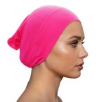 Flat lay of crimson premium soft stretch knitted cotton under scarf cap by SCARF 'N' SHAWLS measuring 24.5 cm x 22 cm