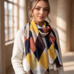 Woman wearing a large-scale windowpane check scarf in mustard, terracotta, and navy blue.