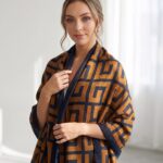 Close-up of a woman in a white blouse wearing a burnt orange and navy blue Greek key print scarf.