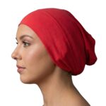 Flat lay of red premium soft stretch knitted cotton under scarf cap by SCARF 'N' SHAWLS measuring 24.5 cm x 22 cm