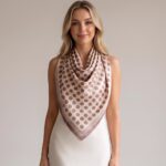 Women's 70x70cm 100% polyester square scarf featuring vibrant prints including floral, styled as a neck accessory or laid flat.