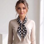 Women's 70x70cm 100% polyester square scarf featuring vibrant prints including floral, styled as a neck accessory or laid flat.