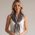 Women's 70x70cm 100% polyester square scarf featuring vibrant prints including floral, styled as a neck accessory or laid flat.